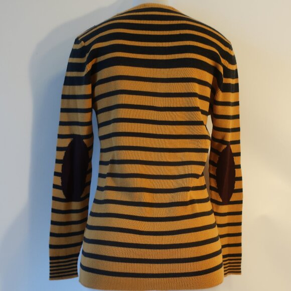 Womens Tween Mustard Yellow Black Brown Wool Blend V-Neck Striped Sweater M - Picture 4 of 8